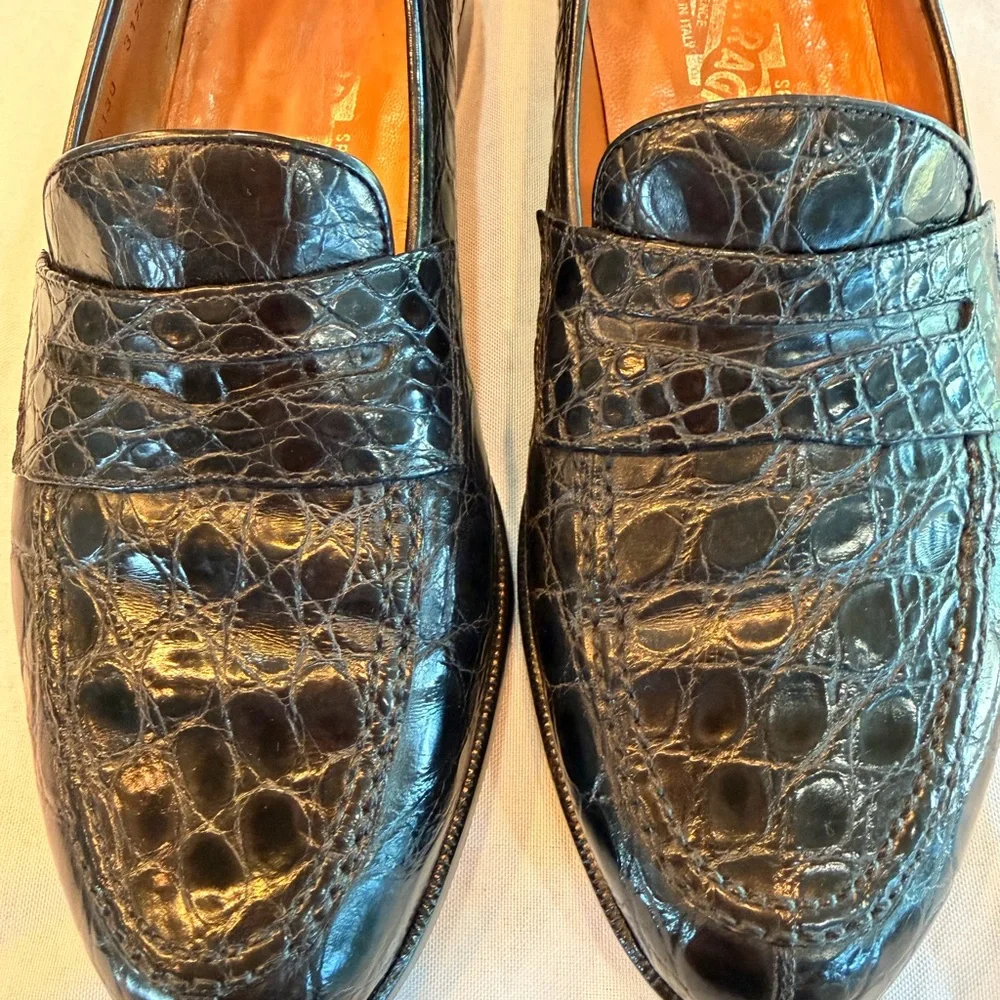 Salvatore Ferragamo Exotic Black Crocodile Leather Mens Penny Loafers Sz 10D